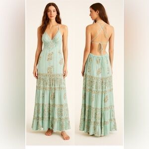 Blue Backless Boho Maxi Dress S/M Crochet Gold Metallic Accents. NWT